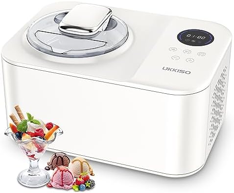 Ice Cream Maker, UKKISO 1.2 Quart Automatic Electronic Gelato Maker With LCD Display, Built-In Compressor, Portable Homemade Dessert Maker with Spoon, Ice Cream Machine for Home, Dorm (White)