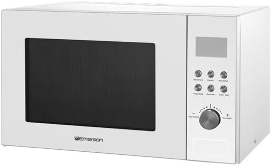 Emerson MW1101W Microwave Oven with Timer & LED Display 1000W, 10 Power Levels, 6 Pre-Programmed Settings, Removable Glass Turntable with Child Safe Lock, 1.1 Cu. Ft, White