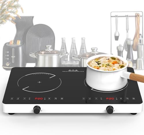 VBGK Double Induction Cooktop,4000W 120V Portable Iduction Cooktop with 20 Power Levels, Child Safety Lock and 4 Hour Timer,Double Electric Cooktop for Knob & Touch Control