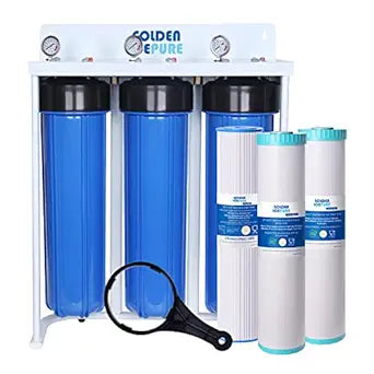 GOLDEN ICEPURE 3 Stage Water Filtration System, Whole House Water Filter w/ 20-Inch Pleated Sediment, Activated Carbon, Iron &Manganese Reducing Filter