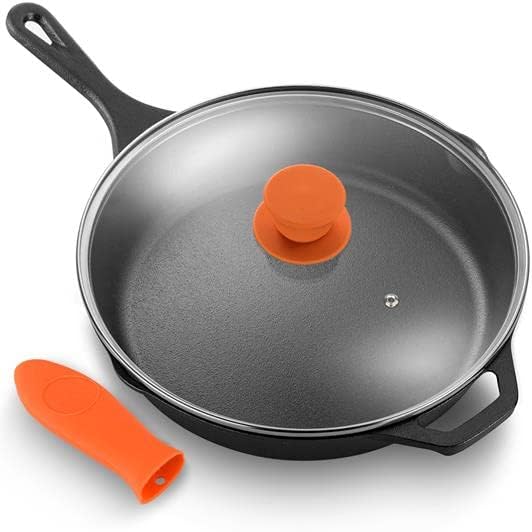 NutriChef 10" Pre-Seasoned Cast Iron Pan - PFOA-Free Oven Safe Kitchen Nonstick Cookware Frying Pan Skillet w/Glass Lid, Drip Spout, Silicone Handle - Gas/Electric/Ceramic/Induction Cooktop -NCCI10