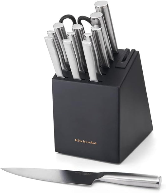 KitchenAid Gourmet Forged Stainless Steel Knife Block Set with Built-in Knife Sharpener, High-Carbon Japanese Stainless Steel Kitchen Knives, Sharp Kitchen Knife Set with Block, 14 Piece, Black