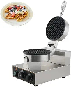 110V Commercial Waffle Maker Round Waffle Maker Machine 1300W Non-stick Waffle Iron Professional Electric Stainless Steel Waffle Furnace for Kitchens, Cafes, Restaurants and Snack Bars