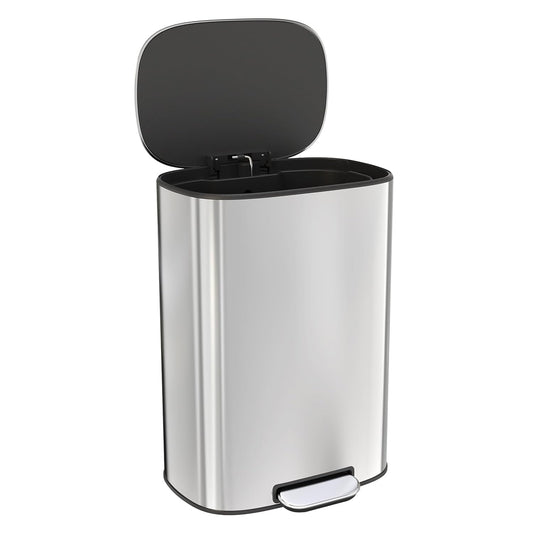 Resistant Rectangular Trash Can with Soft-Close Foot Pedal, Stainless Steel Ellipse Bustbin,13 Gallon 50L Kitchen Trash Can, Light Silver