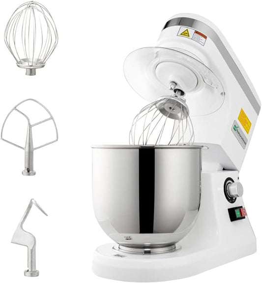 Restaurantware Hi Tek 7.4-Qt Electric Stand Mixer 1 Tilt-Head Kitchen Mixer With Stand - Includes Dough Hook Whisk & Beater 110V/60Hz White Aluminum Stand Mixer Up To 660 RPM