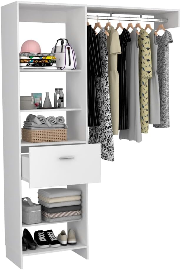 59inch Closet Organizers and Storage System, Freestanding Clothes-Rack with 5 Open Shelving, 1 Drawers & 1 Metal Hanging Rods, Clothing-Rack, Easy to Assemble