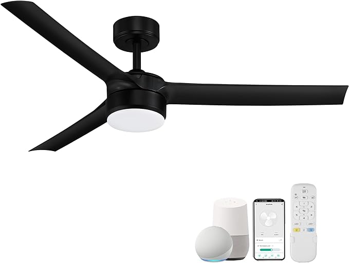 52” Smart Outdoor Ceiling Fans with LED Lights and Remote,Quiet DC Motor,Dimmable,Indoor Modern Ceiling Fan Controlled by WIFI Alexa App,3 Matte Black Blade for Bedroom Living Room Patio Porch