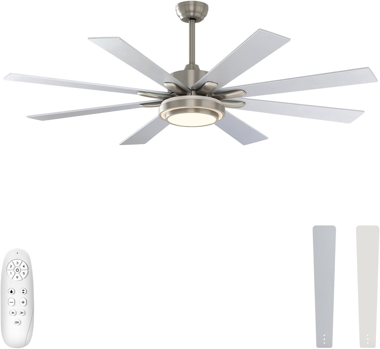 warmiplanet Ceiling Fan with Lights Remote Control, 62 Inch, DC Motor, 8 Blades (Nickel)