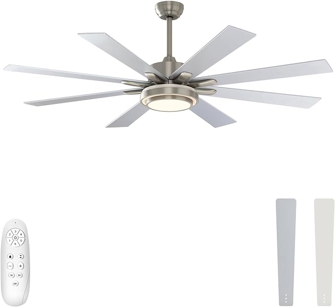 warmiplanet Ceiling Fan with Lights Remote Control, 62 Inch, DC Motor, 8 Blades (Nickel)