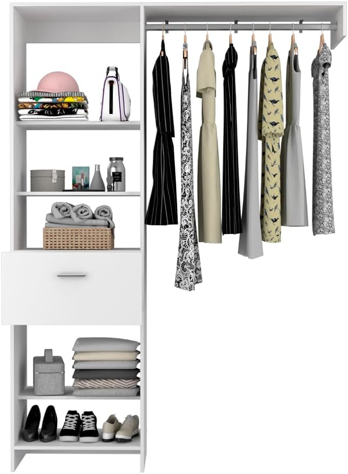 59inch Closet Organizers and Storage System, Freestanding Clothes-Rack with 5 Open Shelving, 1 Drawers & 1 Metal Hanging Rods, Clothing-Rack, Easy to Assemble