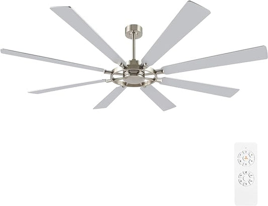 80 Inch Ceiling Fan Without Lights, Wood 8 Blades 6-Speed Noiseless Reversible DC Motor, Modern Large Ceiling Fan with Remote Control for Bedroom Dining Living Room, Nickel Finish+Silver