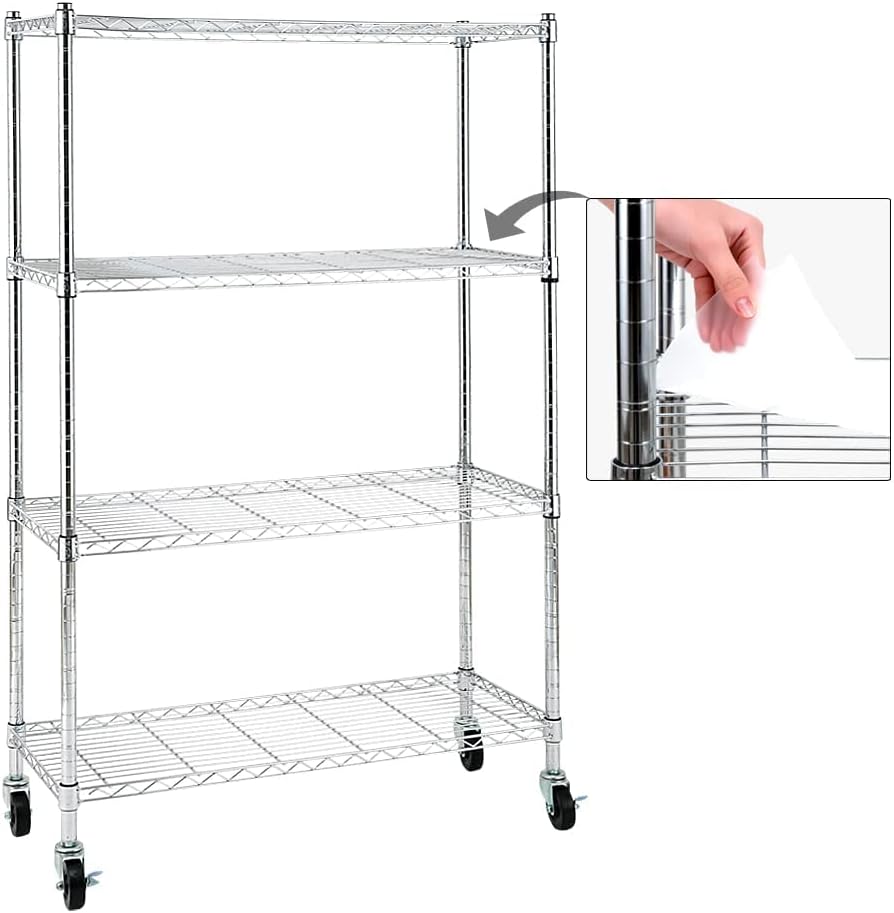 EFINE Chrome 4-Shelf Shelving Units and Storage on 3'' Wheels with 4-Shelf Liners, Adjustable Heavy Duty Steel Wire Shelving Unit for Garage, Kitchen, Office (36W x 14D x 57.7H) Pole Diameter 1 Inch