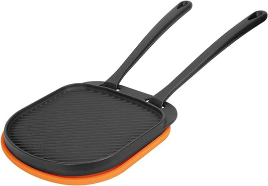 MixRBBQ Cast Iron Skillet Pan - Grizzler Pan with Silicone Mat and 2 Lifting Handle, Pizza Oven Pan for Ooni, Mimiuo Pizza Oven Accessories, BBQ Grilling, Camping Cookware