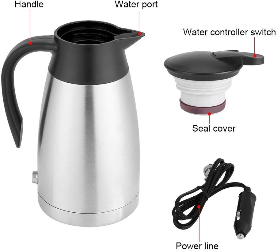 12v Electric Car Kettle,1000ml Stainless Steel Car Automobile Electric Heating Kettle DC 12V Cigarette Lighter Portable Electric Kettle Pot Heated Water Cup for Hot Water,Coffee,Tea