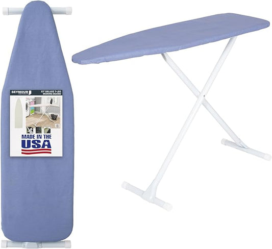 Ironing Board Full Size; Made in USA by Seymour Home Products (Solid Blue) Bundle Includes Cover + Pad | Iron Board w/Steel T-Legs Adjustable from Tabletop up to 36" High