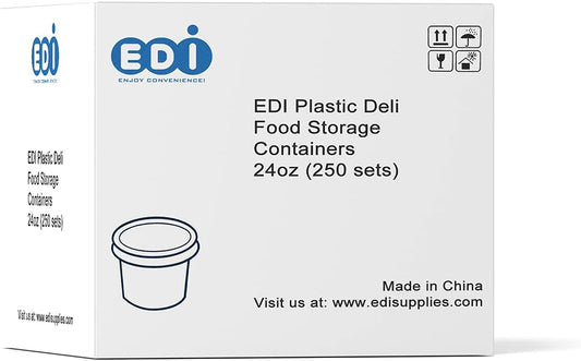 EDI [24 OZ, 250 Sets] Wholesale Plastic Deli Food Storage Containers with Airtight Lids | Microwave-, Freezer-, Dishwasher-Safe | BPA Free | Heavy-Duty | Meal Prep | Leakproof | Recyclable