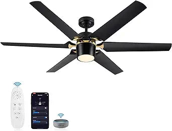 60 inch Black Ceiling Fans with Lights and Remote, Modern Smart Ceiling Fan Compatible with Alexa, Google Home & Smart APP, Reversible Dimmable DC Ceiling Fan for Indoor or Covered Outdoor