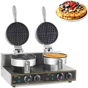 110V 2600W Commercial Waffle Maker Double Waffle Irons Electric Nonstick Waffle Cone Maker Round Waffle Maker Machine for Commercial/Household Kitchens, Cafes, Restaurants