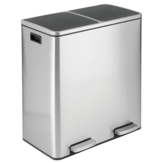 mDesign Metal Steel 16 Gallon/60-Liter, Dual Compartment Step Trash Can; Double Bin Trash Can/Recycler Combo for Kitchen; Holds Garbage, Recycling; Features Two Removable Liner Buckets, Brushed Chrome