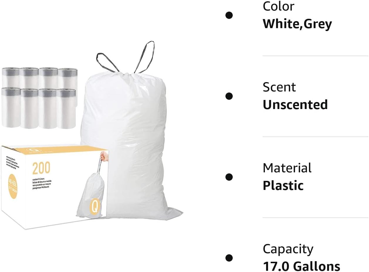 Code Q (200 Count) 13-17 Gallon Heavy Duty Drawstring Plastic Trash Bags Compatible with simplehuman Code Q,1.2 Mil,White Drawstring Garbage Liners 13-17 Gallon/40-65 Liter