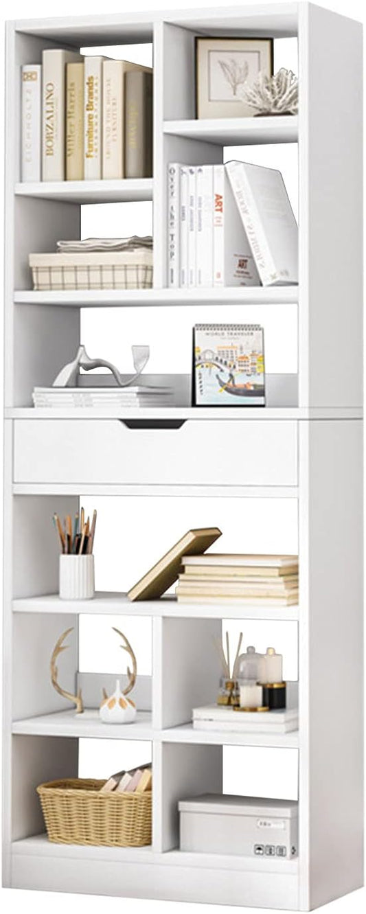 IOTXY Wooden Open Shelf Bookcase - 71 Inches Tall Freestanding Display Storage Cabinet Organizer with 10 Cubes and a Drawer, Floor Standing Bookshelf in Warm White