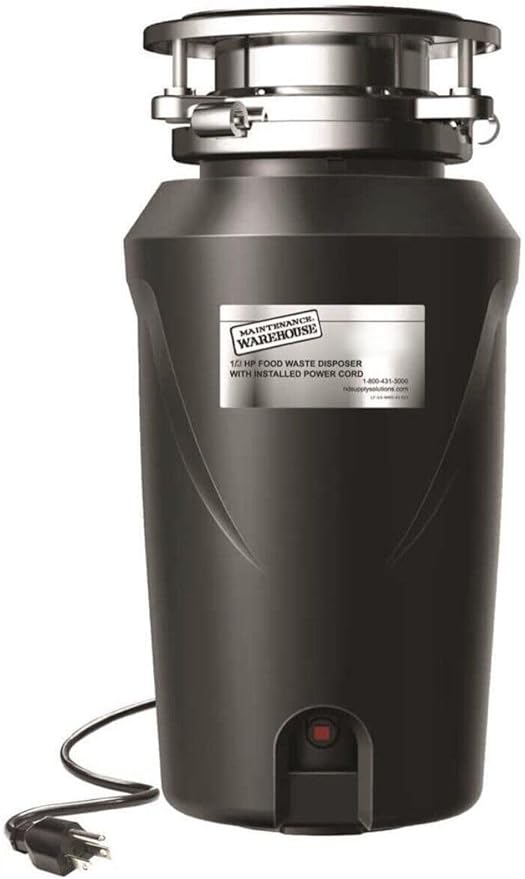 Maintenance Warehouse 113744 Model US-MW3-44 Garbage Disposal; 1/3 Horsepower; Installed Power Cord; 2600 RPM Motor; Stainless Steel Impellers; Removable Splash Guard, 120V, 60Hz; 3A