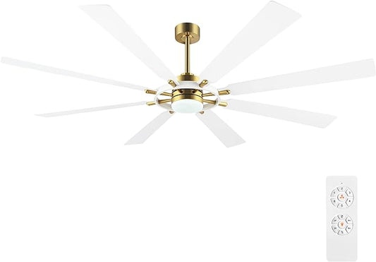 80" Ceiling Fan with Lights and Remote Control, Wood 8 Blades 6-Speed Noiseless Reversible DC Motor, 3 Downrods, Modern Large Ceiling Fan for Bedroom Dining Living Room, Gold Finish+White