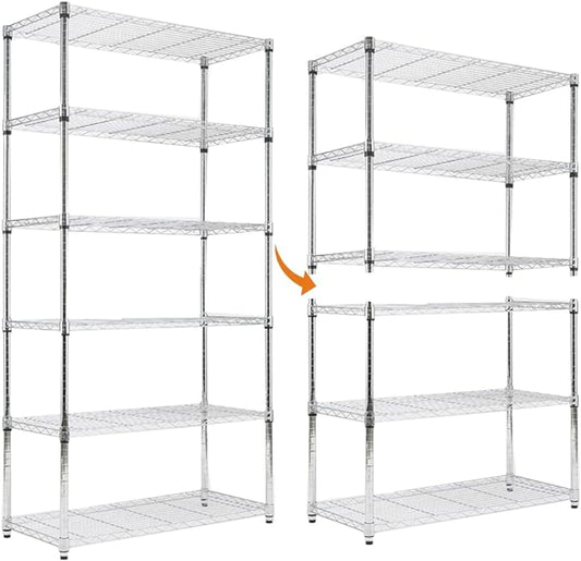 Chrome 6-Shelf Shelving Unit, Changeable into 2 of 3-Shelf Units, Adjustable Heavy Duty Steel Wire Shelves, 350 lbs Loading Capacity Per Shelf (71.5” H, 36” W, 16” D)