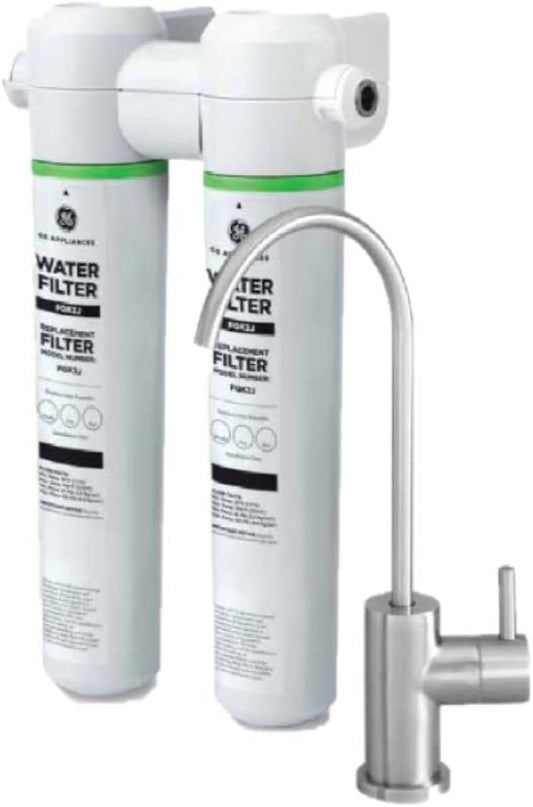 GE Dual Stage Under Sink Water Filtration System with Faucet | Reduces Lead, Chlorine & More | Easy Install | Twist & Lock Design | Replace Filters (FQK2J) Every 6 Months | GXK255TBN,White (Pack of 1)