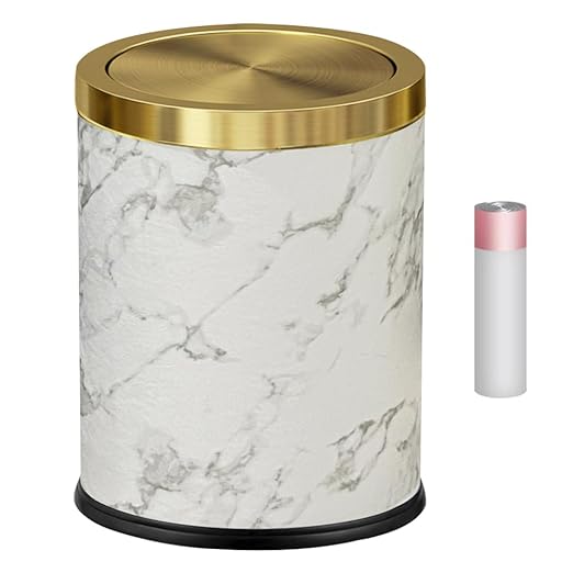 15L/4Gal Leather Trash Can with Gold Swing Cover,Creative Leather Shake Lid Garbage Can,Paper Backet with Flipping Lid for Kitchen,Bathroom,Living Room，Office，RV (Marble)