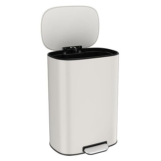 Resistant Rectangular Trash Can with Soft-Close Foot Pedal, Stainless Steel Ellipse Bustbin,13 Gallon 50L Kitchen Trash Can, White