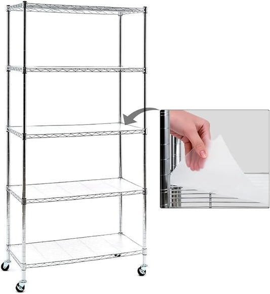 EFINE 5-Shelf Wire Shelving Rack, Chrome Shelving Units and Storage on 3'' Wheels with 5-Shelf Liners, Adjustable Heavy Duty Steel Wire Shelving Unit for Garage, Kitchen, Office