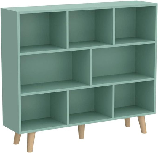 IOTXY Wooden Open Shelf Bookcase - 3-Tier Floor Standing Display Cabinet Rack with Legs, 8 Cubes Bookshelf, Tiffany-Green