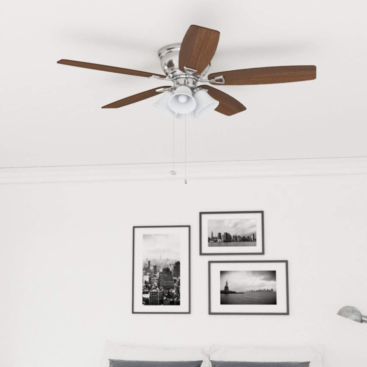 Honeywell Ceiling Fans Glen Alden, 52 Inch Classic Flush Mount Indoor LED Ceiling Fan with Light, Pull Chain, Quick-2-Hang Dual Finish Blades, Reversible Motor - 50182 (Brushed Nickel)