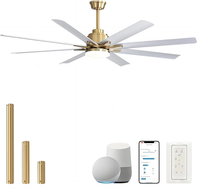 Sofucor 66 Inch Ceiling Fans with Lights and Remote, Smart Ceiling Fan with 6-Speed DC Motor Reversible Modern Industrial Gold and White Ceiling Fan for Bedroom Office Patios(8 Aluminum&ABS Blades)