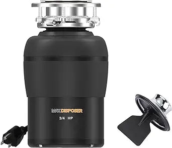 Garbage Disposal 3/4 HP Quiet Food Waste Disposer with Stopper Power Cord Easy install, AC Motor Unit Continuous Feed Plug In Stainless Steel Grind 0.75 Horsepower(MAX-4)