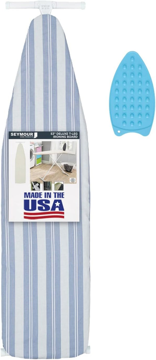 Ironing Board Full Size; Made in USA by Seymour Home Products (Blue Stripe) Bundle Includes Cover, Pad, and Silicone Iron Rest | Iron Board w/Steel T-Legs Adjustable from Tabletop up to 35" High