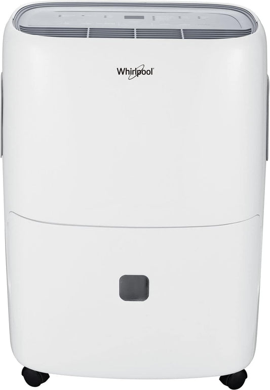 Whirlpool 40-Pint Portable Dehumidifier for Basement, Garage, and Living Room, 115V, Moisture Absorbers for Rooms up to 3000 Sq. Ft. with Auto-Shutoff, LED Display, and Timer in White