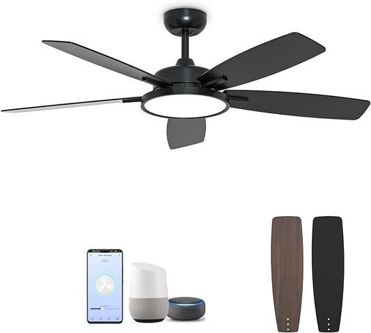 52 Inch Smart Ceiling Fan with Light,Ultra Silent Reversible DC Motor Fan Remote Control Compatible with Alexa Google home（black）