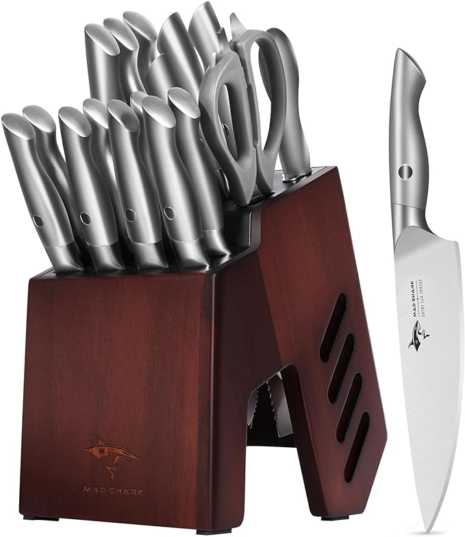 Knife Sets for Kitchen with Block, 17 Pieces Knife Block Set, Wooden Block German Stainless Steel Chef Knife Set with Bread Knife and Steak Knives, Dishwasher Safe, Sliver