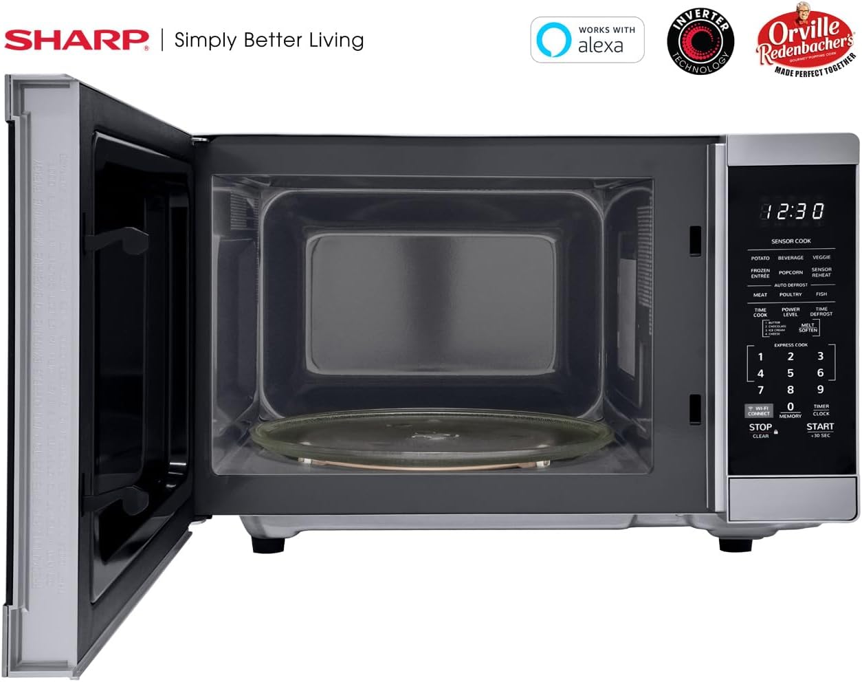 SHARP Countertop Microwave Oven. Compatible with Alexa. Orville Redenbacher's Certified. Removable 12.4" Carousel Turntable, 1.4 Cubic Feet, 1100 Watt with Inverter Technology, Stainless Steel