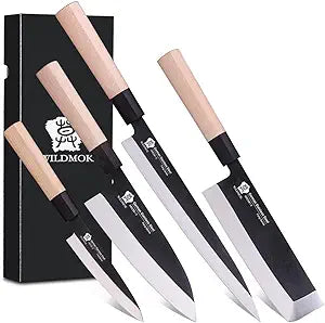 WILDMOK Knife Set of 4 GYUTO Sushi Chef Knives-Yanagiba-Deba-Nakiri-Utility Kitchen Knife, Fish Slicing Filleting Knife Sets with German Steel Blade & Traditional Wooden Handle