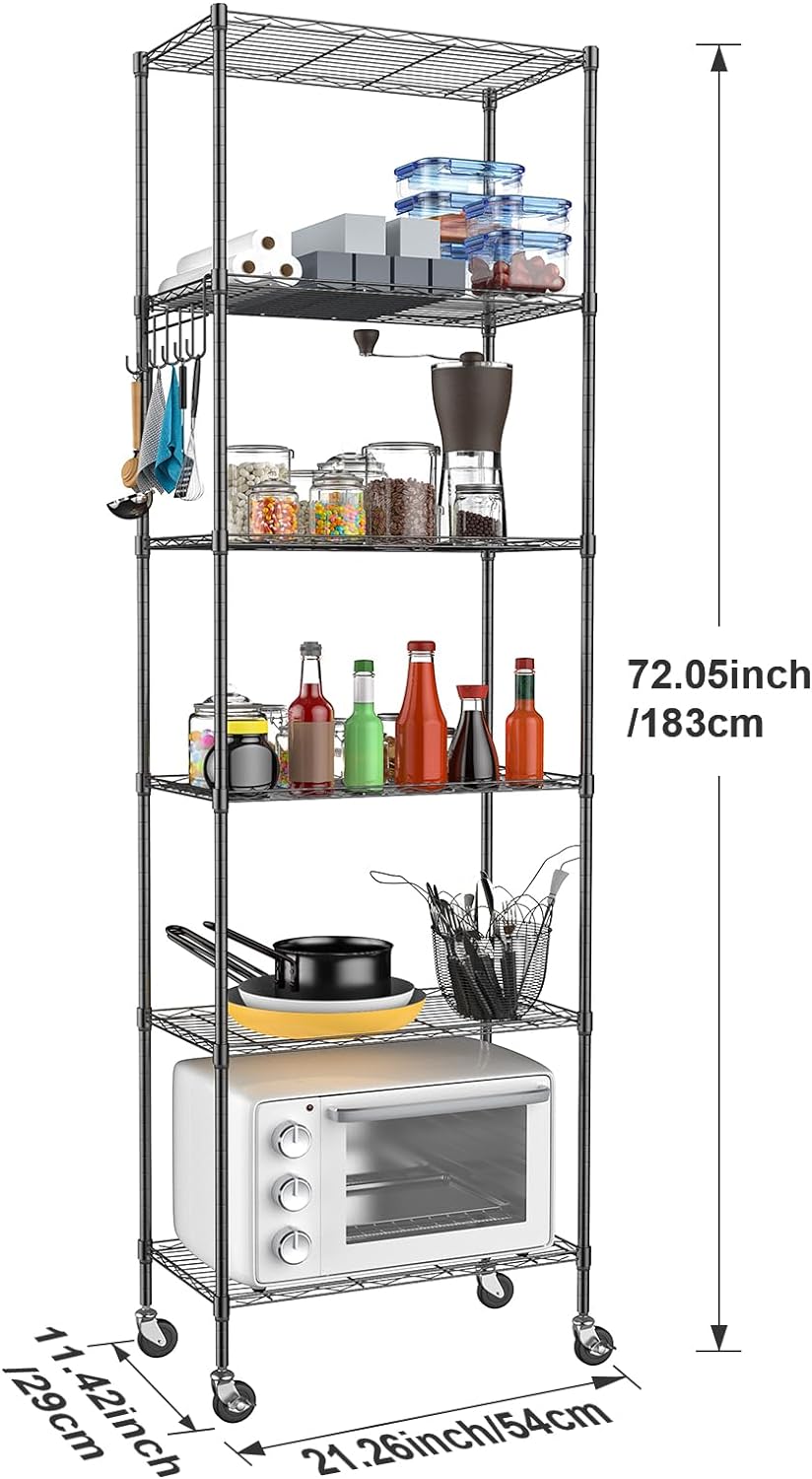 Homdox 2-Pack 6-Tier Storage Shelf Wire Shelving Unit Free Standing Rack Organization with Caster Wheels, Stainless Side Hooks, Black