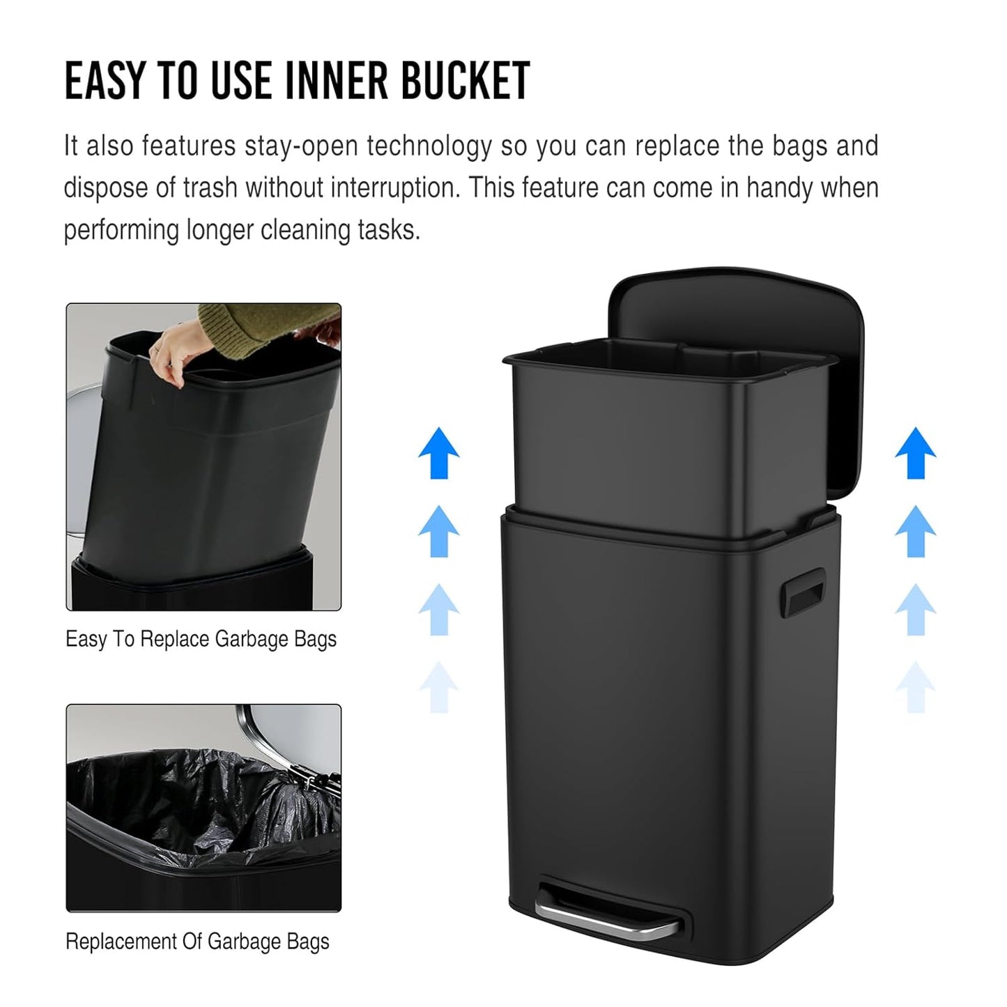 Kitchen Foot Pedal Operated Soft Close Trash Can,Stainless Steel Rectangular Bustbin with 30 Garbage Bags, 13 Gallon 50L Trash Cans for Kitchen,Bedroom &Living Room, Black