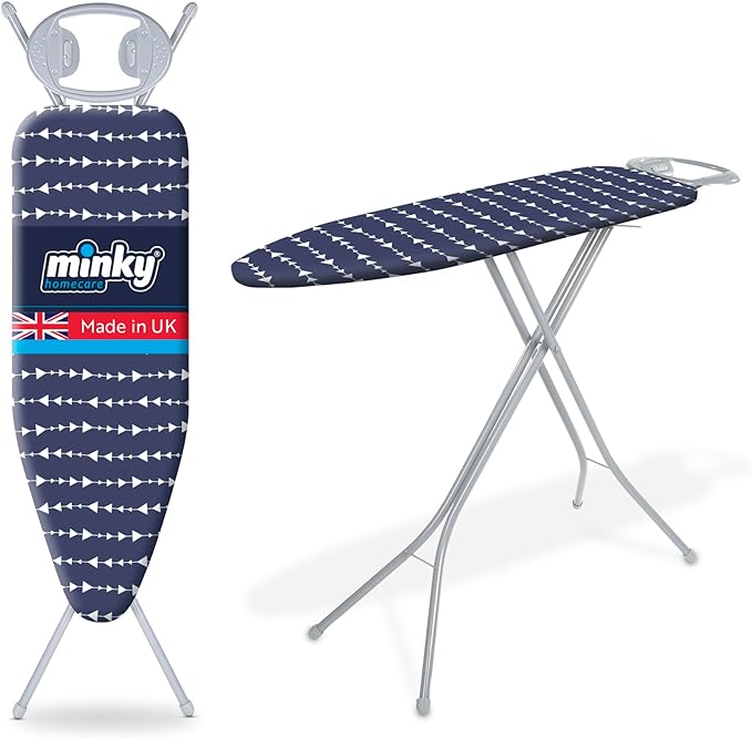 Classic 4-Leg Ironing Board with Iron Rest - Freestanding Full Size Iron Board for Clothes Pressing and Steaming with 43" x 14" Surface - Blue Arrows