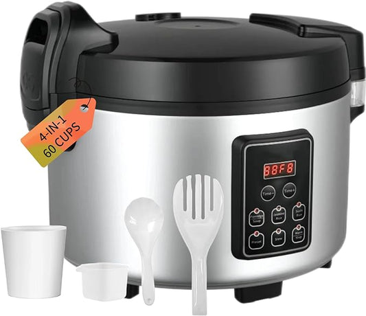 Commercial Rice Cooker 60 CUPS(Cooked Rice)& Food Warmer | 13.8Qt Extra Large Multifunctional Rice Cooker | 1350W Fast Cooking with LED Time Display | Smart Time Preset Rice Cooker