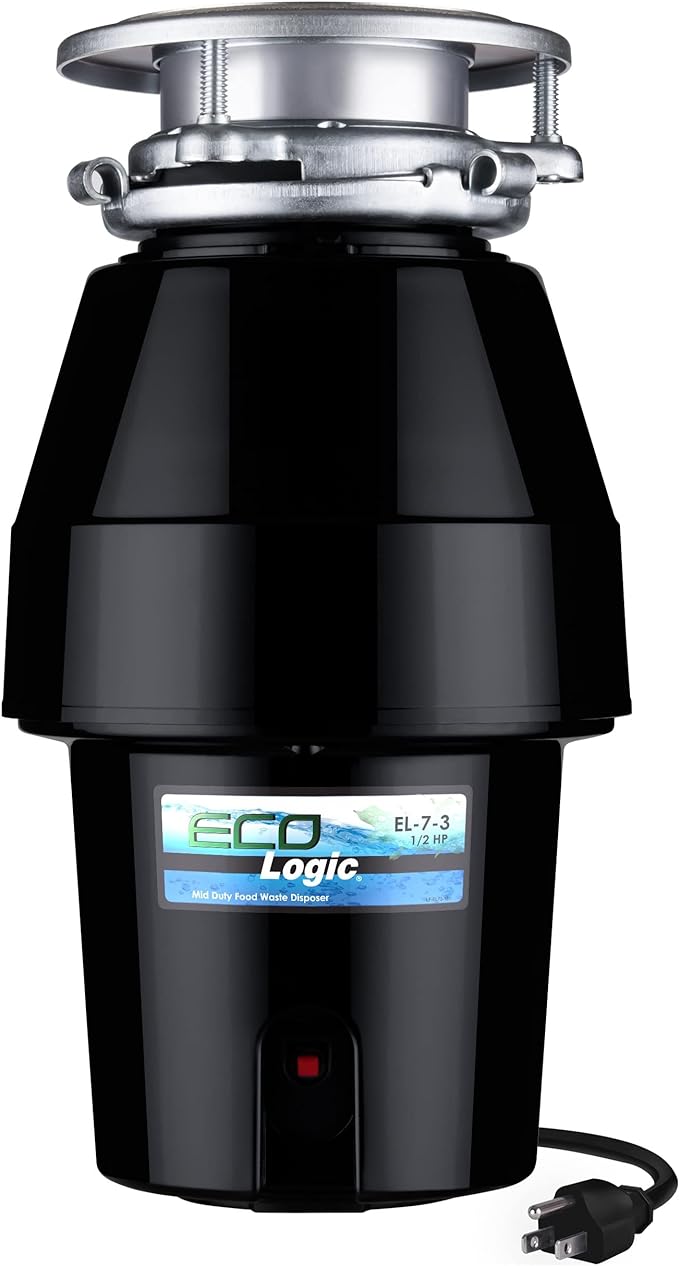 Eco Logic 10-US-EL-7-3B 1/2 Horsepower Mid Duty Garbage Disposal with Removeable Splash Guard, Attached Power Cord and Standard 3-Bolt Mounting System, Continuous Feed, Black