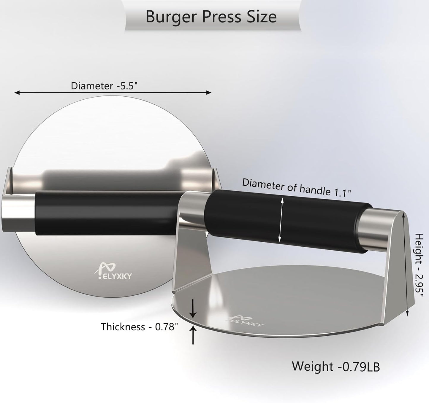 Food Grade 304 Stainless Steel Smash Burger Press, 5.5 Inch Round Smasher, Hamburger Press with Silicone Anti-Scald Handle. Product Designed for use with Ground Beef, Meat, Sausage