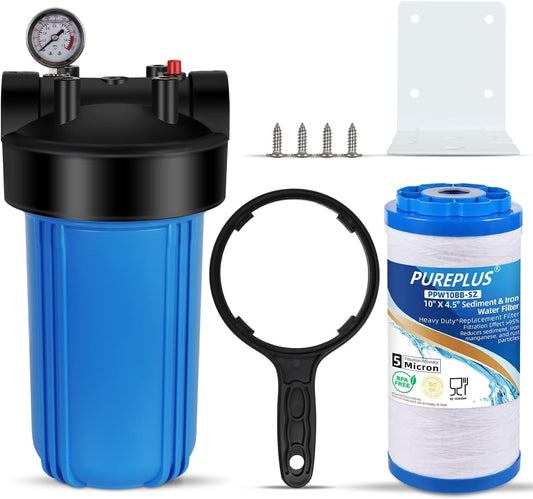 PUREPLUS 1-Stage Whole House Water Filter, with Iron Manganese Reducing Water Filter, 10"x4.5" Cartridge Universal Housing, Pre-Filtration System for Well Water, 1" NPT Port, Pressure Release