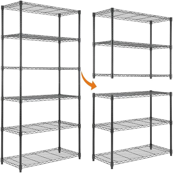 6-Shelf Shelving Unit, Changeable into 2 of 3-Shelf Units, Adjustable Heavy Duty Steel Wire Shelves, 350 lbs Loading Capacity Per Shelf (71.5” H, 36” W, 16” D)